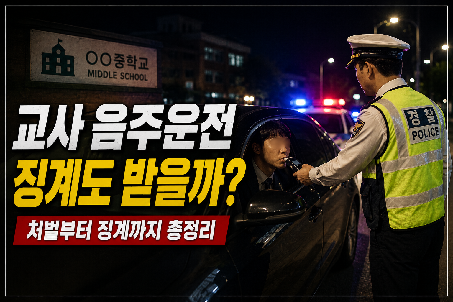 야간 학교 인근 도로에서 교통경찰이 음주단속을 실시하며 교사의 차량을 정차시키는 모습을 통해 교사음주운전 사건의 발생 상황과 초기 수사 과정을 상징적으로 표현한 대표 이미지입니다.